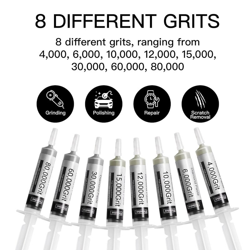 Finisolva 8 Pack Diamond Polishing Paste Kit 80,000 to 4,000 Grit with Different Genuine Concentrations of Diamond Powders Lapping Compound for Marble Glass Metal Rock Jewelry Resin Silver Gemstone - Image 2